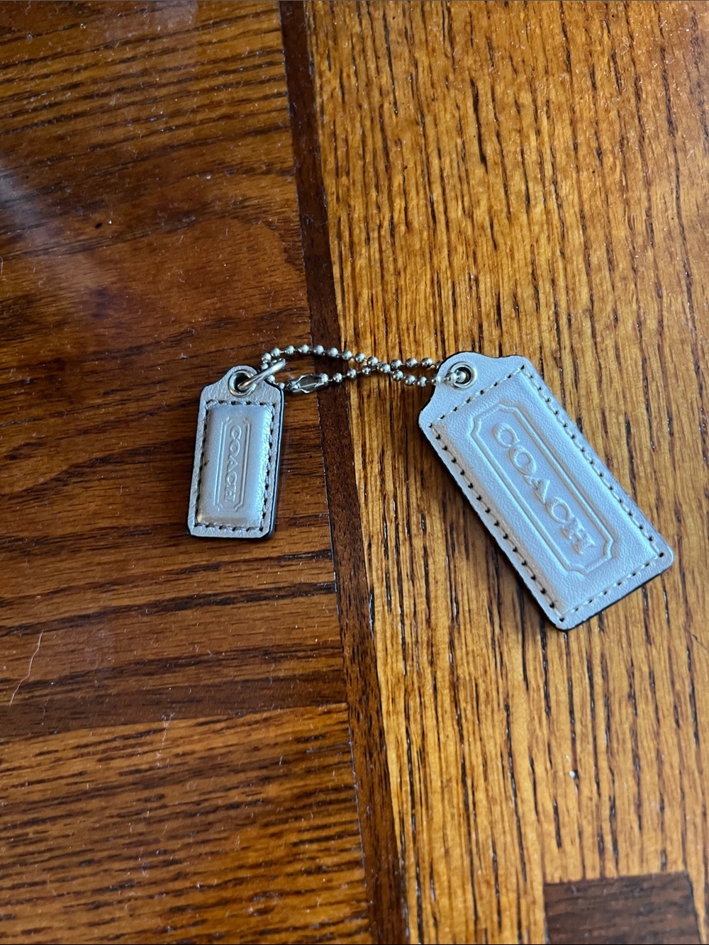 Coach Leather Tag Keychain in Light Gray and Off White